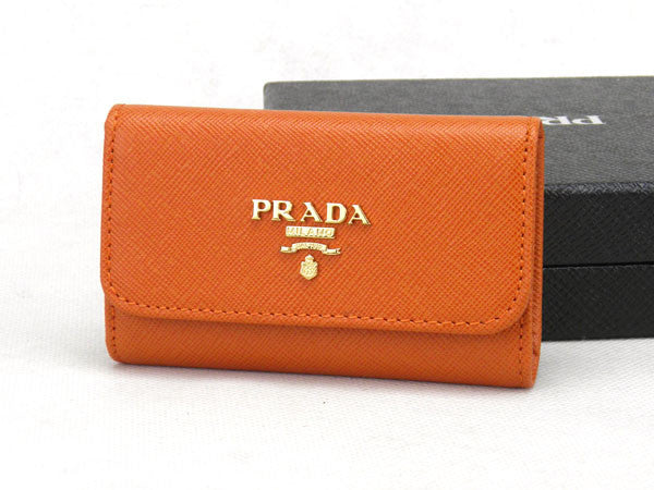 PRADA key holder Safiano six hooks Keychain Card Case Gold Logo